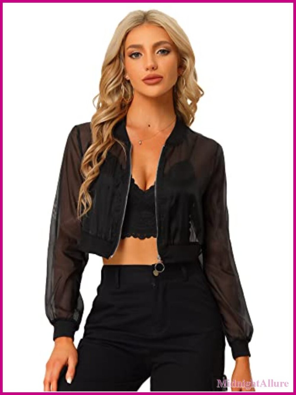 Sheer Mesh Crop Bomber Jacket Lightweight Zip Up Casual